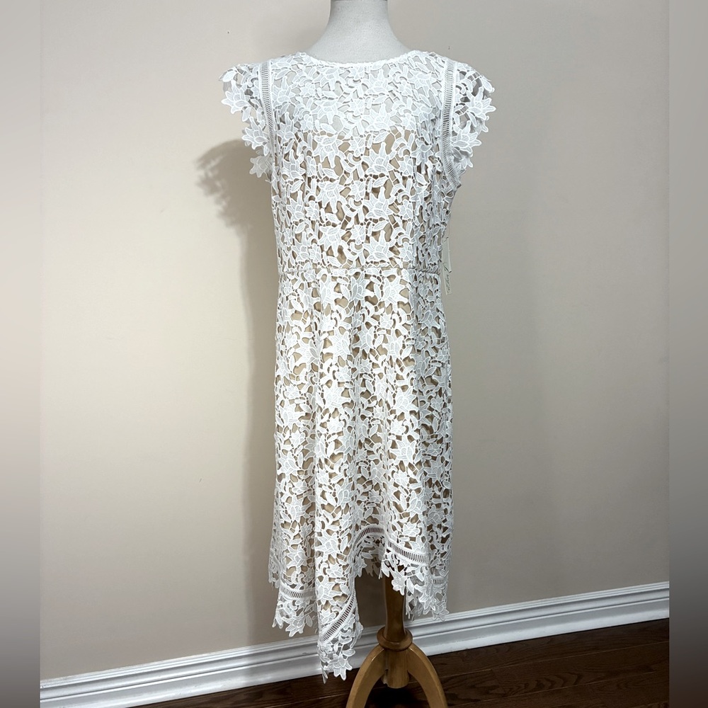 Eliza J White Floral Lace Asymmetrical Fit & Flare Dress